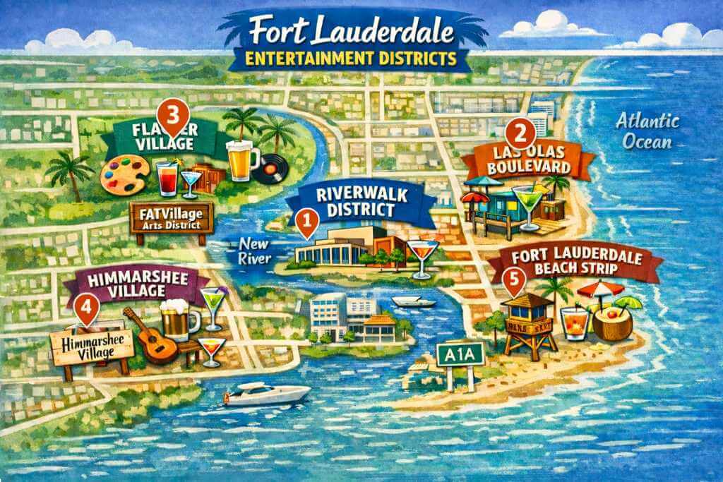 Fort Lauderdale nightlife map and party bus routes